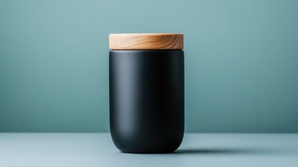 A modern black container with a wooden lid sits neatly on a table, combining elegance and functionality, showcasing contemporary design in everyday storage solutions.