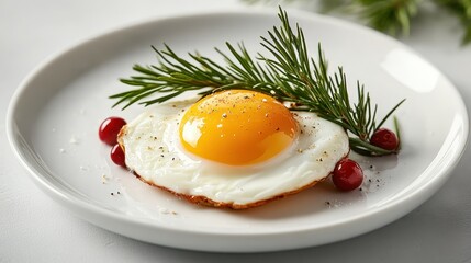 A beautifully plated sunny side up egg garnished with fresh herbs and berries, highlighting the simplicity and elegance of breakfast cuisine presented attractively.
