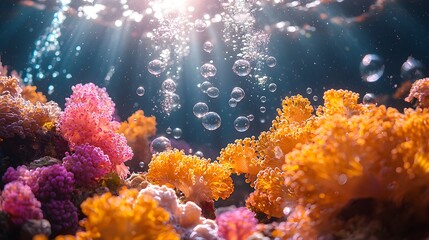 Fototapeta premium Enchanting coral reef with floating bubbles reflecting the underwater ecosystem