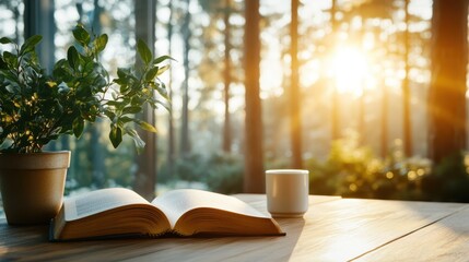 A serene morning scene featuring an open book, a steaming cup of tea, and a lush plant by a window capture the essence of relaxation and comfort in a natural setting.