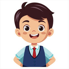 Cartoon vector illustration of a smiling young boy in a business suit and tie standing as a confident office worker