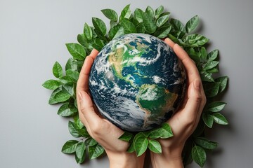 Hands carefully cradling Earth with surrounding green leaves symbolizing global responsibility and environmental care Generative AI