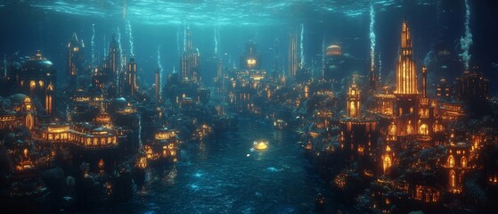 bustling underwater city where bioluminescent creatures light the streets and coral skyscrapers rise from the seabed, Generative AI