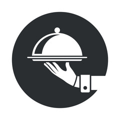 Fototapeta premium Elegant Restaurant Service Icon Hand Holding Silver Cloche on Tray Black and White Minimalist Design for Food and Beverage Industry Branding