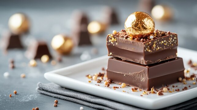 Indulge in these luxurious chocolate desserts elegantly presented with gold accents and decorative toppings that elevate any dessert table.