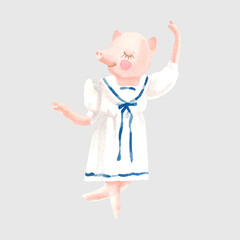 Hand drawn watercolor illustration of a pig in a vintage dress