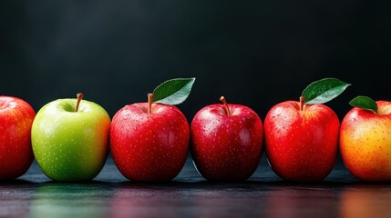 A tempting display of crisp red and green apples lined up on a smooth dark surface, showcasing their vibrant colors and appealing freshness to evoke hunger.