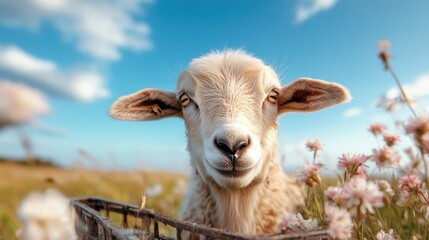 Obraz premium This cheerful sheep with a joyful expression gazes curiously in a bright meadow filled with flowers, representing innocence and the beauty of rural life in nature's embrace.
