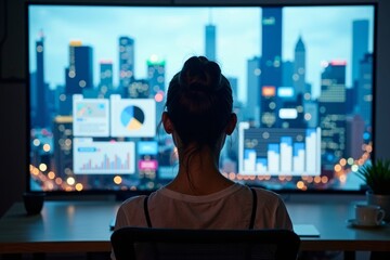 Woman Participating in Video Conference with Futuristic Virtual Background of Cityscape and Holographic Charts and Graphs