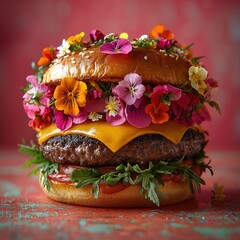 Gourmet cheeseburger topped with edible flowers, melted cheese, fresh greens, and sesame bun on red background Generative AI