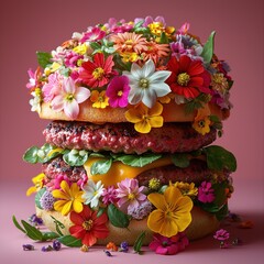 Creative cheeseburger with edible flowers, grilled beef patties, cheese, and fresh greens on a pink background Generative AI