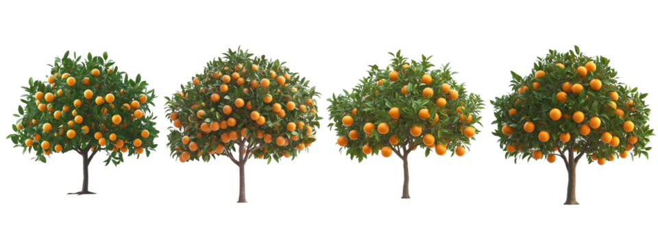 A lush orange tree with glossy green leaves and bright orange fruits evenly distributed across the branches. The fruits have realistic texture and shine. Isolated on transparent