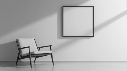 modern chair beside blank frame on minimalist wall, creating serene atmosphere