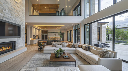 spacious contemporary living room featuring large windows, modern furniture, and cozy fireplace