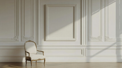 Elegant white wall with blank frame and vintage chair, creating serene atmosphere