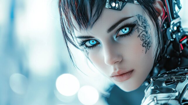 Cyberpunk Girl: Futuristic Beauty with Glowing Blue Eyes - Powered by Adobe