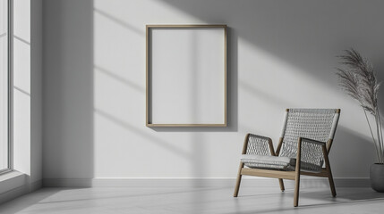 modern living room featuring blank picture frame on white wall, complemented by stylish chair