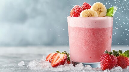 A refreshing smoothie made with strawberries and bananas, topped with fresh fruits, beautifully showcasing the vibrant colors and textures of this delightful drink.