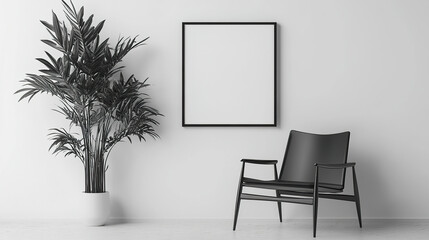 Minimalist interior with black chair and blank frame on white wall