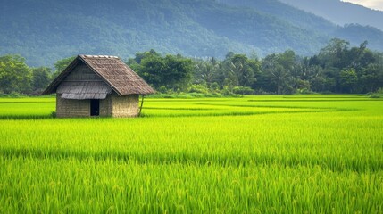Obraz premium A rural landscape featuring a small traditional hut beside a vast rice field, with the fields vibrant green contrasting against the simple, rustic dwelling.