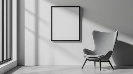 modern gray chair beside blank picture frame on minimalist wall, creating serene atmosphere