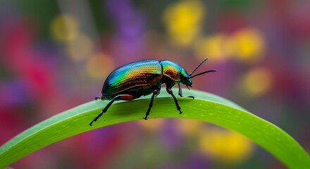 Naklejka premium Iridescent Beetle on Green Leaf with Colorful Flower Background