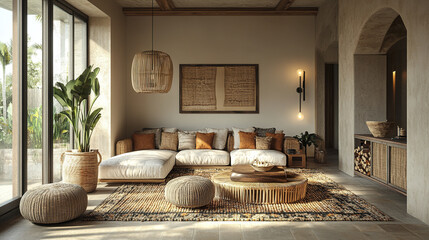 cozy boho living room featuring large sofa, decorative pillows, and natural elements