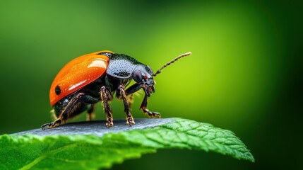 A vivid orange and black beetle perches on a green leaf, revealing intricate patterns that highlight the beauty of nature’s smallest creatures in their environment.