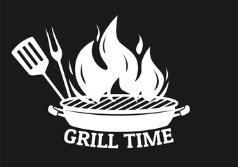 Grill logo or icon. Barbecue, BBQ label with fire flame. Vector illustration.