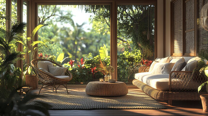 serene living room featuring cozy sofa and stylish rattan chair, surrounded by lush greenery