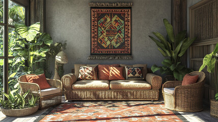 cozy boho living room featuring rattan sofa, vibrant cushions, and lush plants