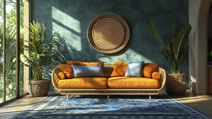 vibrant living room featuring cozy orange sofa, decorative pillows, and lush plants