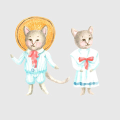 Watercolor set with kittens in vintage clothes