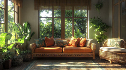 cozy living room with rattan sofa, vibrant cushions, and lush greenery