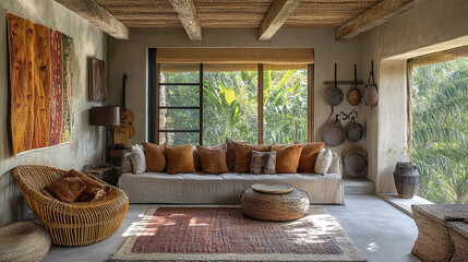 cozy boho living room featuring comfortable sofa, decorative pillows, and natural textures