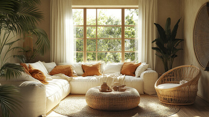 cozy living room featuring large sofa with orange cushions, natural light streaming through