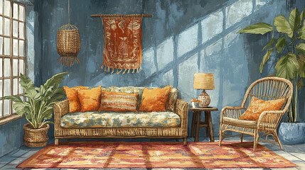 cozy boho living room featuring rattan sofa, vibrant cushions, and natural decor