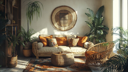 Cozy boho living room with natural elements, featuring sofa, plants, and woven decor