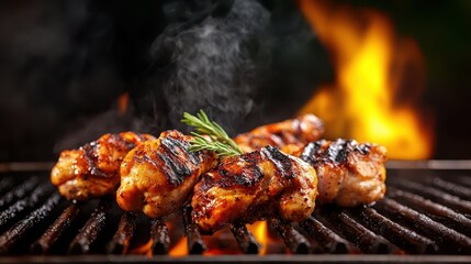 Juicy grilled chicken wings are showcased over a charcoal grill with roaring flames, garnished with fresh herbs, representing a delicious outdoor meal experience.