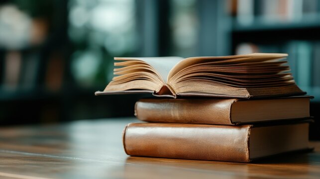 An open book rests atop two closed leather-bound books on a wooden table, illustrating knowledge, learning, and a passion for reading in a cozy library setting.
