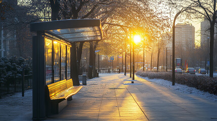 serene winter morning at bus stop, with sunlight illuminating snowy path
