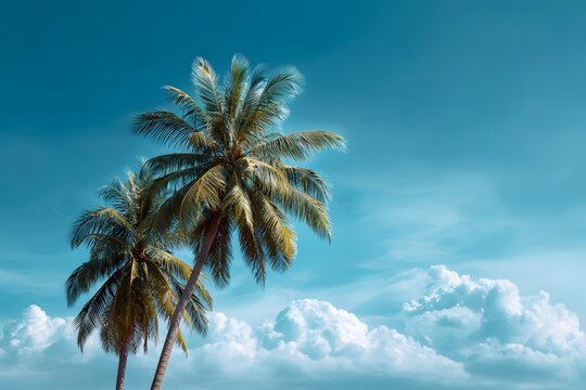 Tropical palm trees on blue sky background summer vacation travel destination
