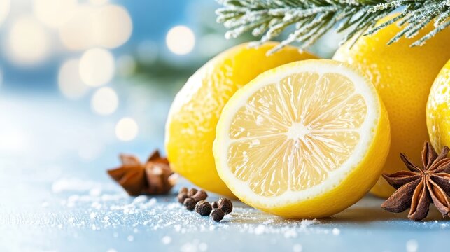 Vibrant yellow lemons arranged beautifully with herbs and spices on a blue wooden table, evoking freshness and zest perfect for culinary delights and décor ideas.