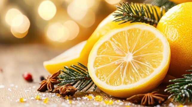 Freshly cut lemons arranged with pine sprigs and seasonal decor, creating a warm, inviting atmosphere perfect for celebrations, cooking, or holiday-themed settings.