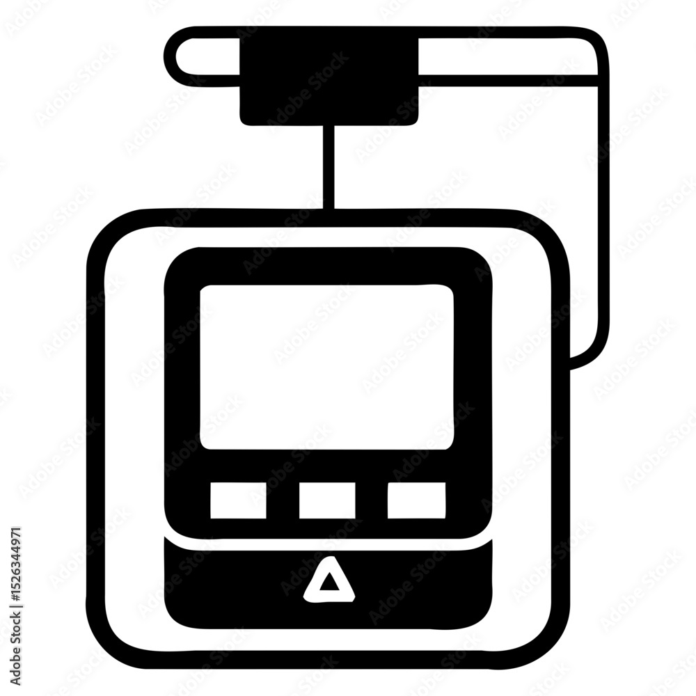 Poster illustration of a digital device with a screen and multiple control buttons below on transparent bac