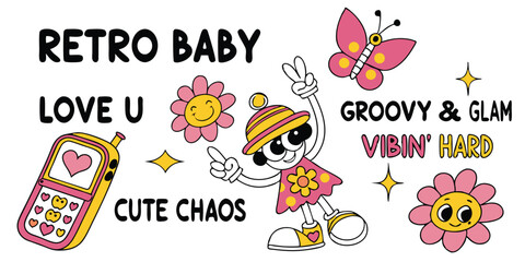 Fototapeta premium Playful retro design featuring cartoon character flowers butterfly and text elements for a vibrant cute illustration