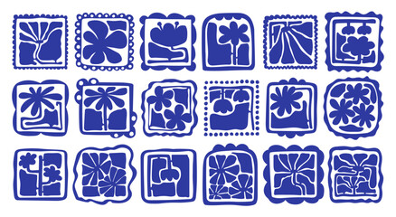 Matisse curves aestethic. Groovy abstract flower art set. Organic floral doodle shapes in trendy naive retro hippie 60s 70s style. Botanic vector illustration in blue color.