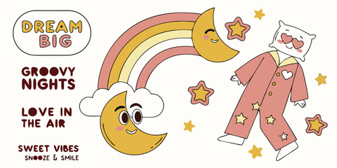 Fototapeta premium Adorable retro illustration featuring a smiling moon rainbow and a dreamy pillow character with a positive message