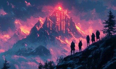 Fototapeta premium magical mountain peak glowing with ancient runes and a group of adventurers gazing at its light, Generative AI