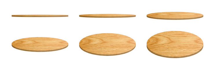 Realistic 3D wooden plate podium with top, perspective, and side views. Round wood platforms for product display, cosmetics, presentation, or exhibition. Eco-friendly circular stands, isolated vector.